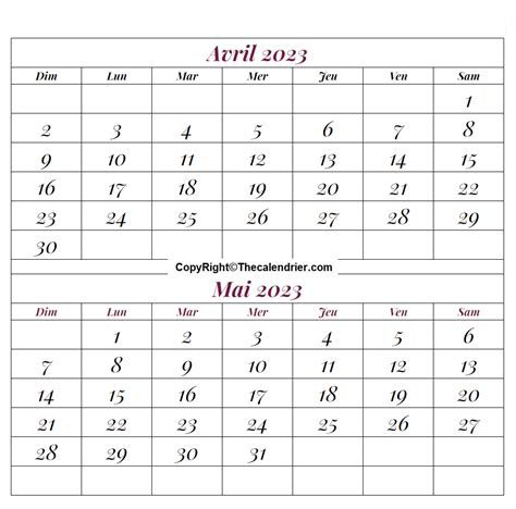 Avril Mai 2023 Calendrier The Calendrier