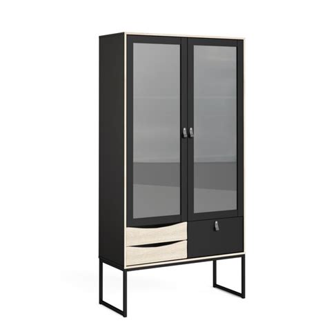 Stubbe 2 Glass Door China Cabinet With 3 Drawers Black Matte Oak Structure Oppami