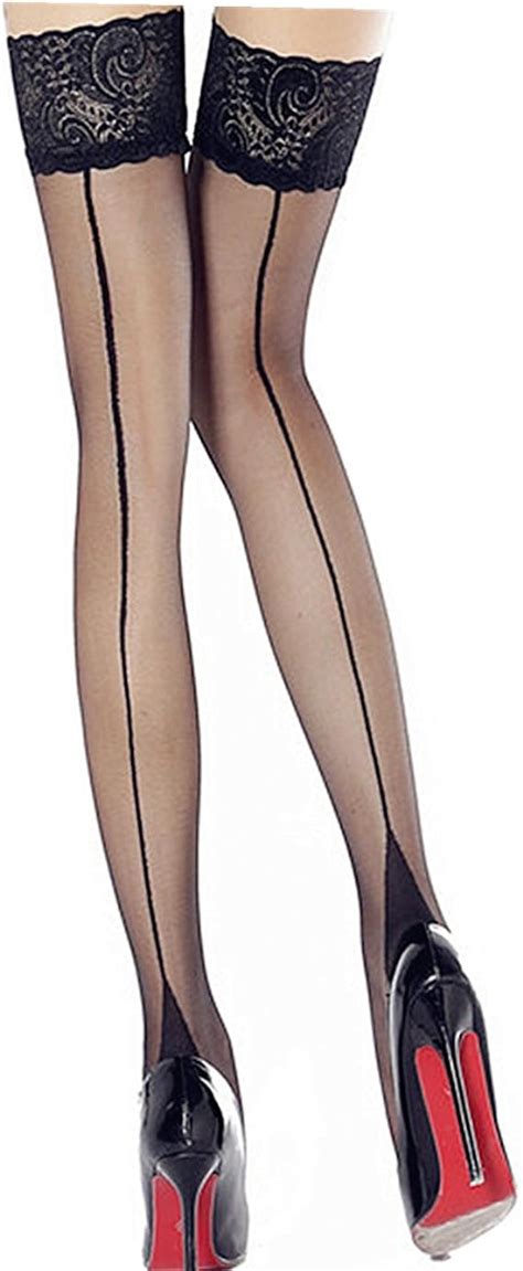 Women S D Sheer Lace Thigh High Stockings With Back Seam Hosiery For Garter Belt Black Skin