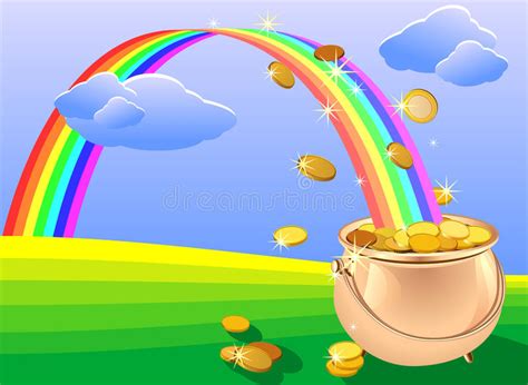 Vector Pot Of Gold Coins And Rainbow On The Field Stock Vector