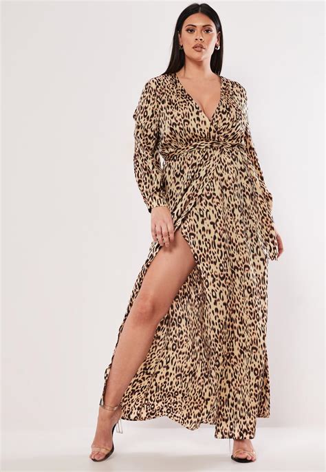 Plus Size Brown Leopard Print Plunge Maxi Dress
