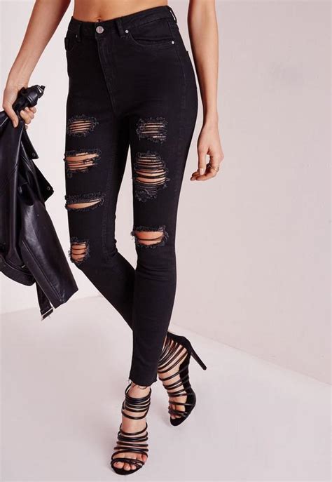 Sinner High Waisted Extreme Rip Skinny Jeans Black Missguided