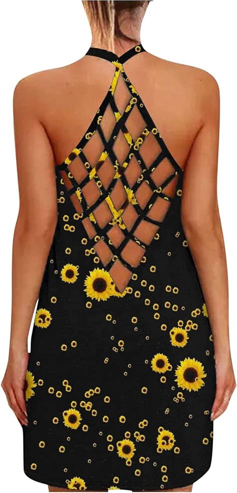 Summer Dresses For Women Beach Floral Sunflower Print Strappy Dress Sexy Backless