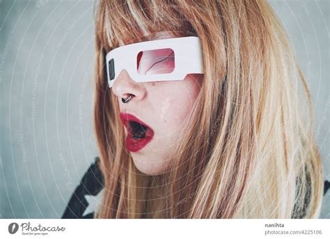 Young Woman Wearing Vintage 3d Glasses A Royalty Free Stock Photo