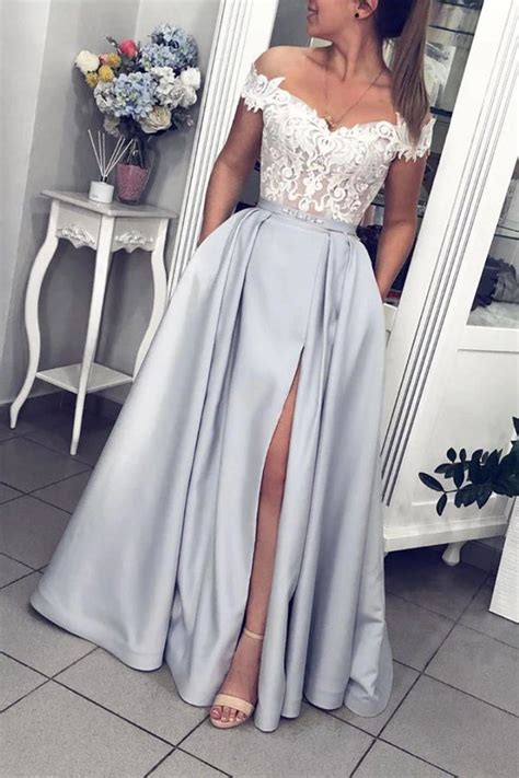 Elegant Ball Gown Off The Shoulder Silver Prom Dresses With Lace Slit Musebridals