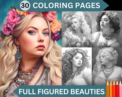 Full Figured Beauties 30 Grayscale Plus Sized Women Coloring Book Pages Printable Curvy Ladies