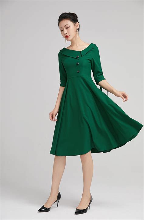 Green Swing Cocktail Dress Women Fit And Flare Midi Dress Vintage Midi Dress Custom Dress