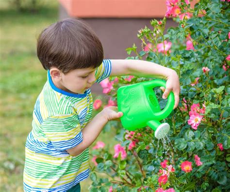 Cute Little Boy Watering Plants With Watering Can In The Garden