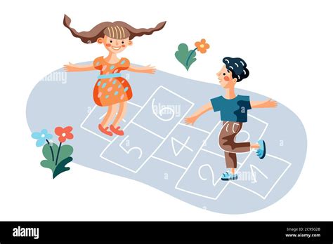 Kids Playing Hopscotch Game Flat Illustration Stock Vector Image And Art