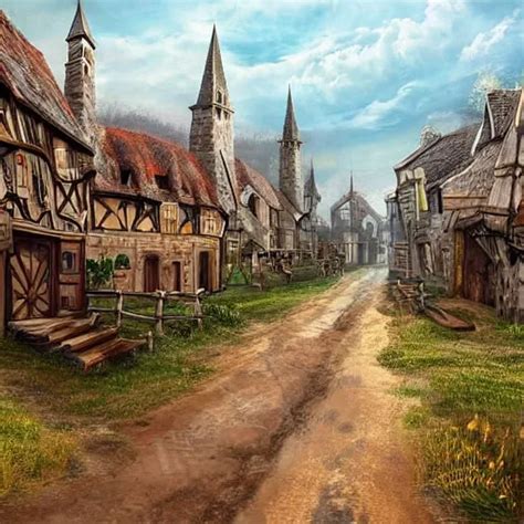 Fantasy Art Of A Small Medieval Town On A Grassy Stable Diffusion