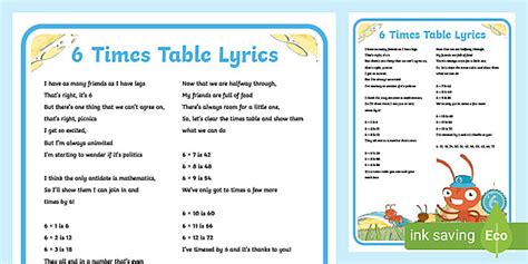 👉 6 Times Tables Song Lyrics Poster Twinkl Go Twinkl