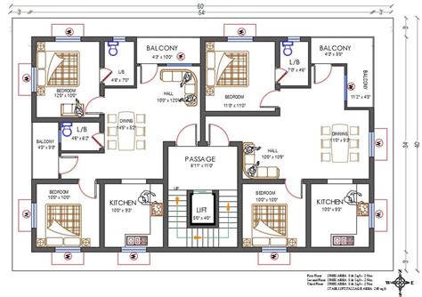 60x40 North Facing 2 Bhk House Apartment Layout Plan Dwg File Cadbull