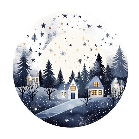 Christmas Winter Illustration With Holiday Houses Moon Night Sky
