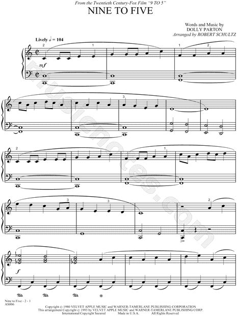 Dolly Parton Nine To Five Sheet Music Piano Solo In C Major