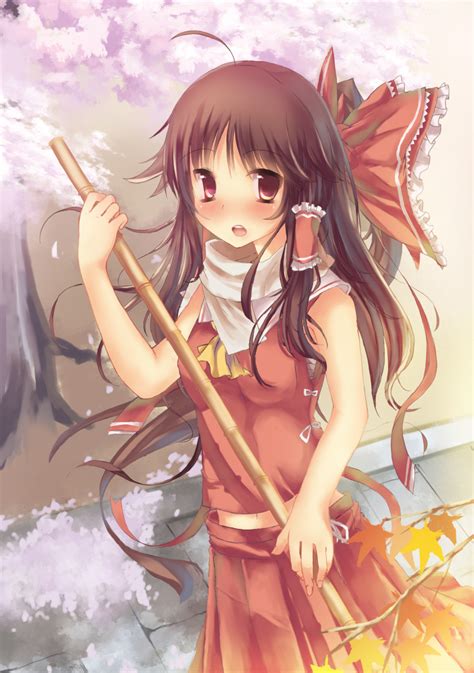 Safebooru 1girl Absurdres Adapted Costume Ascot Autumn Leaves Bamboo Bare Arms Blush Bow Brown