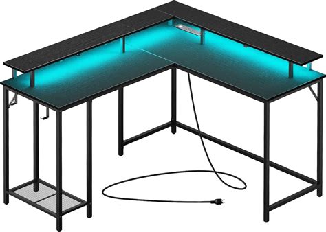 Superjare L Shaped Computer Desk With Power Outlets And Led Strips