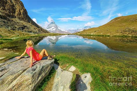 Tourist Woman At Matterhorn On Riffelsee Lake Photograph By Benny Marty