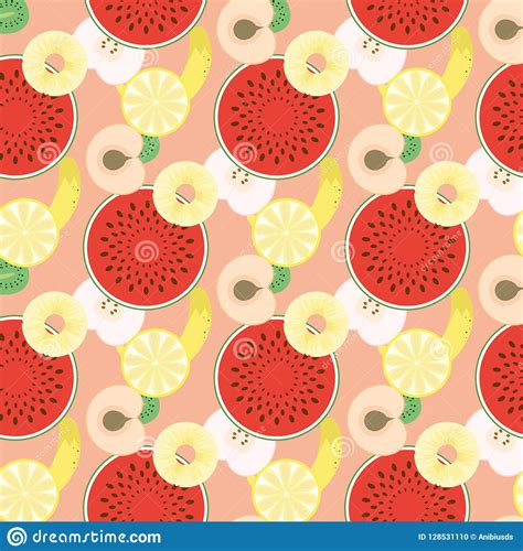 Pattern With Watermelon Pineapple Banana Peach Apple Orange And