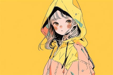 Premium Ai Image Anime Girl In Yellow Raincoat With Hood On Yellow Background Generative Ai