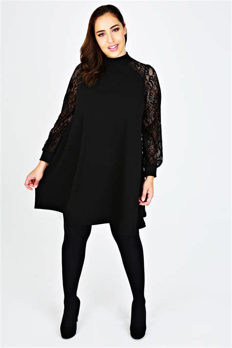 H&m ladies black long sleeve round neck pleated fit & flare dress size uk8. Black High Neck Swing Dress With Lace Long Sleeves plus ...