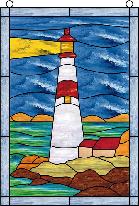 East Coast Atlantic Ocean Lighthouse Leaded Stained Glass Window Panel