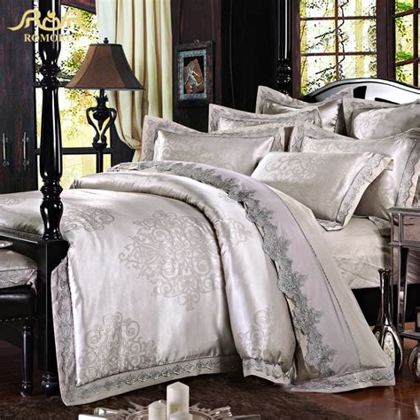 Romorus 46 Pcs Silver Gray Satin Jacquard Silk Luxury Bedding Set 100