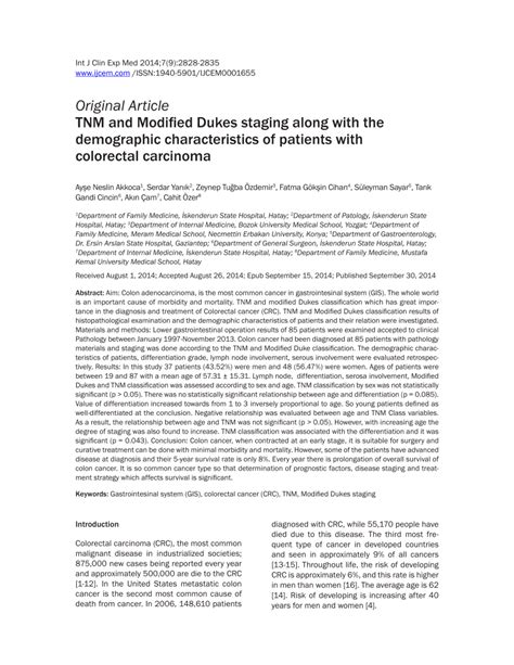 PDF TNM And Modified Dukes Staging Along With The Demographic Characteristics Of Patients With