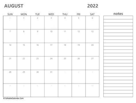 Download 2022 August Calendar Printable Word Version