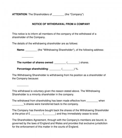 Notice Of Withdrawal From A Company Sample Template