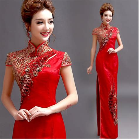 2017 Design Red High Slit Brocade Gold Embroidery Chinese Oriental Dresses Long Oriental Formal
