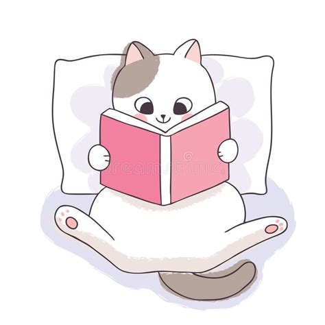 Cartoon Cute Book Day Adorable White Cat Reading Book Vector Stock Vector Illustration Of