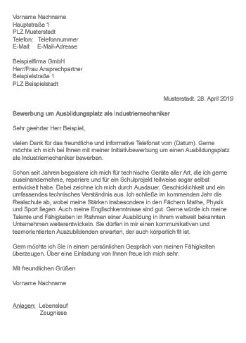 Muster > Bewerbung als Industriemechaniker