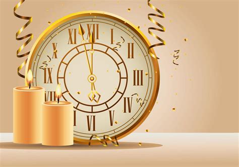 Happy New Year Golden Watch And Candles 2508306 Vector Art At Vecteezy