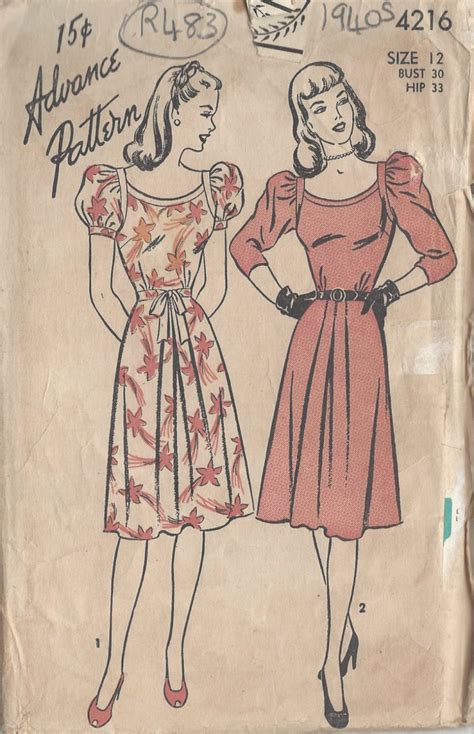 1940s Vintage Sewing Pattern Dress B30 R483 The Vintage Pattern Shop