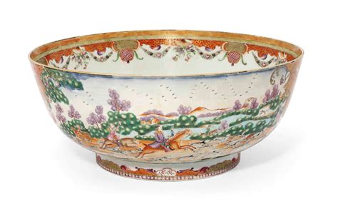 A Massive Chinese Famille Rose Hunting Punchbowl