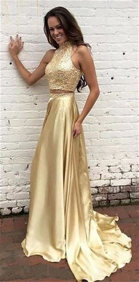 Glitter Two Piece Halter Keyhole Back Gold Satin Beaded Prom Dress
