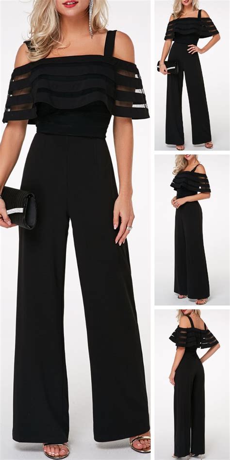 Strappy Cold Shoulder Black Ruffle Overlay Jumpsuit Jumpsuit Fashion