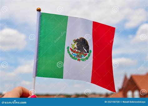 National Green White And Red Flag Of Mexico With Eagle Close Up Stock