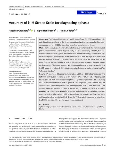 Pdf Accuracy Of Nih Stroke Scale For Diagnosing Aphasia