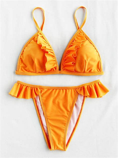 Shop Ruffle Detail Triangle Bikini Set Online Shein Offers Ruffle Detail Triangle Bikini Set