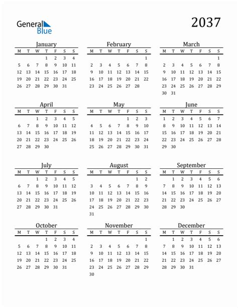 2037 Calendar With Monday Start