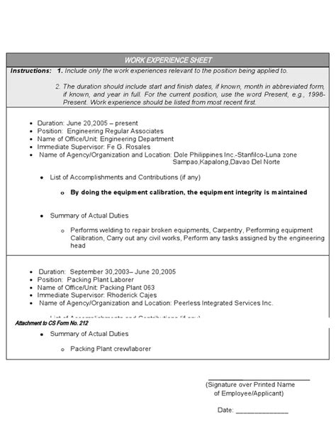 work experience sheet cs form no 212 pdf