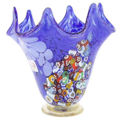 Murano Glass Vases Murano Millefiori Art Glass Fazzoletto Vase Blue