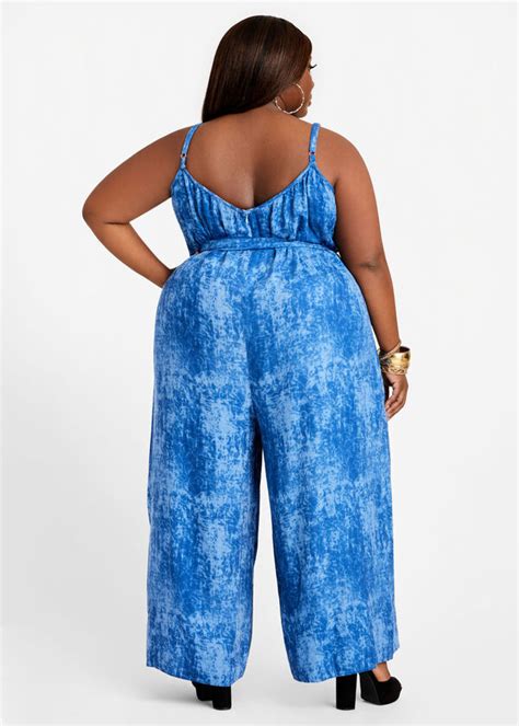 Plus Size Marble Tie Dye Sleeveless Belted Gaucho Jumpsuit