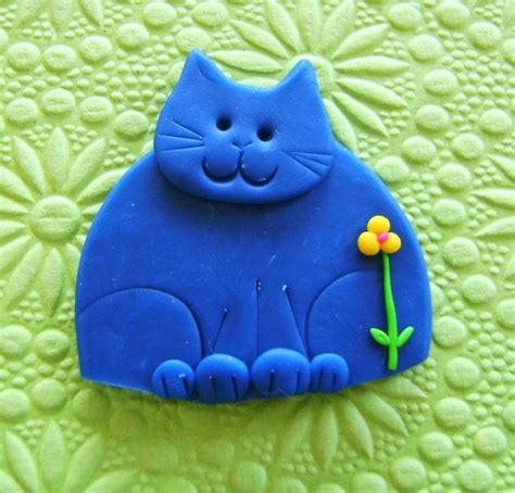 Polymer Clay Blue Happy Cat With Yellow Flower Brooch Or Magnet