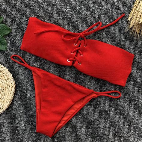 Solid Thong Swimsuits Push Up Bandeau Women Bikini Set 2018 Tie Sexy B Primebikinibk