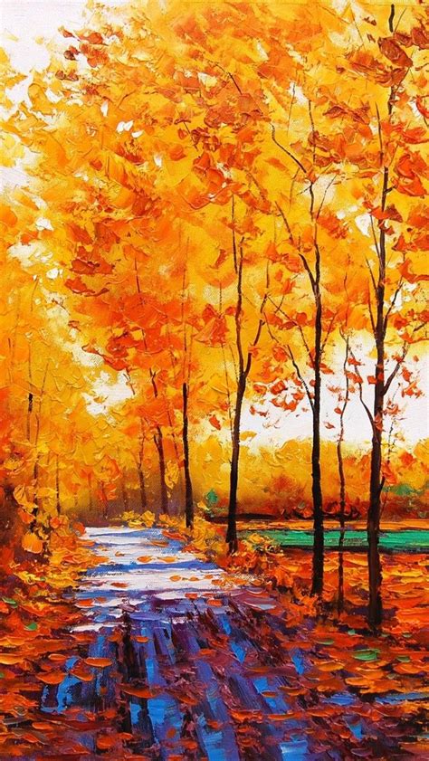 Art Nature Fall Path Trees Leaves Yellow Autumn Painting Oil