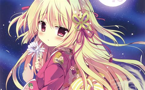 Download 1920x1200 Anime Girl Moe Blonde Moon Kimono