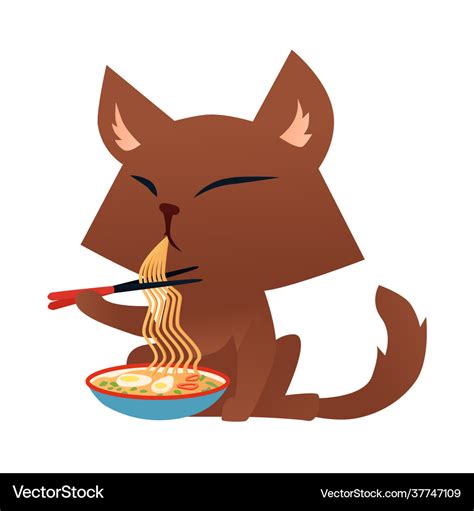 Cartoon Cat Character Eating Ramen Noodle Vector Image