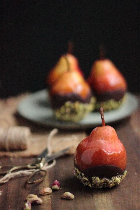 Caramel Chocolate And Pistachio Dipped Pears Sweets Recipes Just